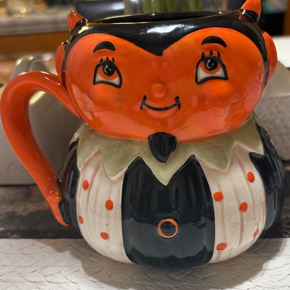 Halloween Devil Ceramic cup - Orange and Black. Johanna Parker